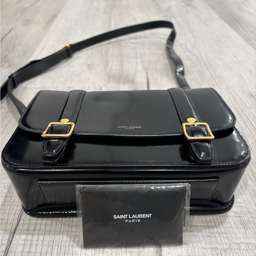 Saint Laurent Black Messenger Bag with Gold Buckles